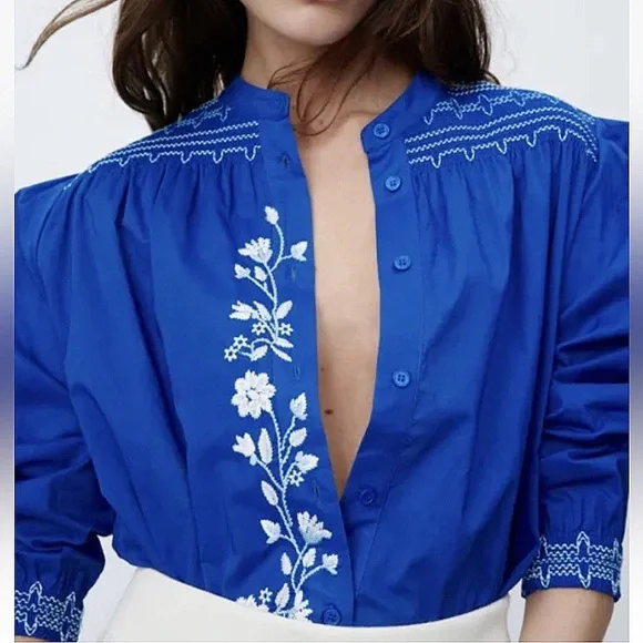 💙 ZARA BOHO BLUE WHITE FLORAL EMBROIDERED LONG SLEEVE CROPPED BLOUSE! - Picture 13 of 14